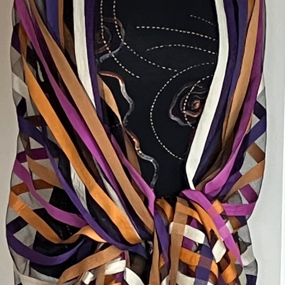 LIGHTWEIGHT SHAWL WRAP SCARF FRINGED ENDS BLACK SHEER COLORED STRIPES - Picture 7 of 13